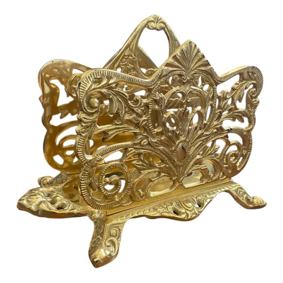 Vintage Brass footed ornate napkin/letter holder, desk organizer - Picture 3 of 16